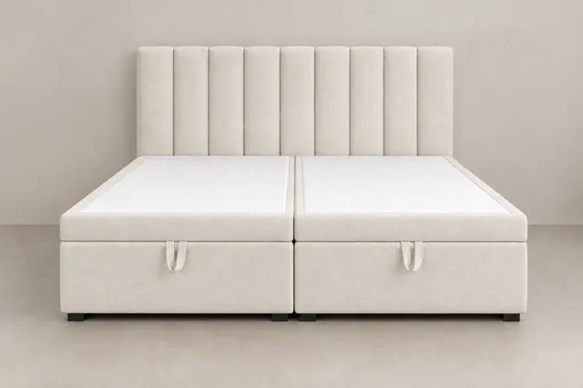 Boxspringbett mit Kopfteil Streifen, Stoff Weiß