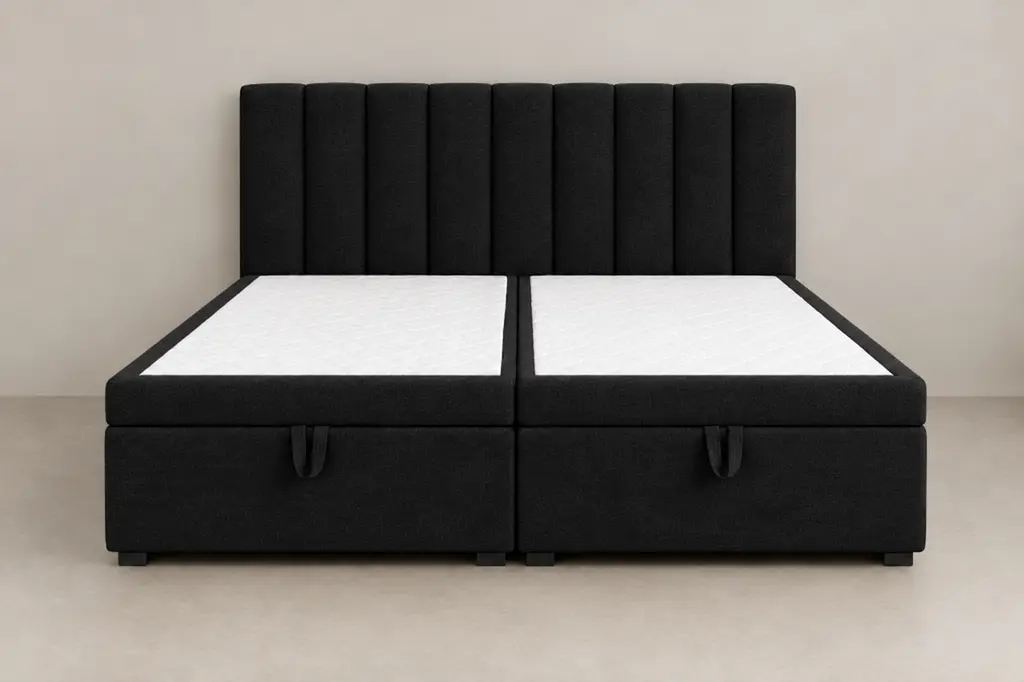Boxspring 200 × 200 cm, hoofdbord verticale banen, stof zwart