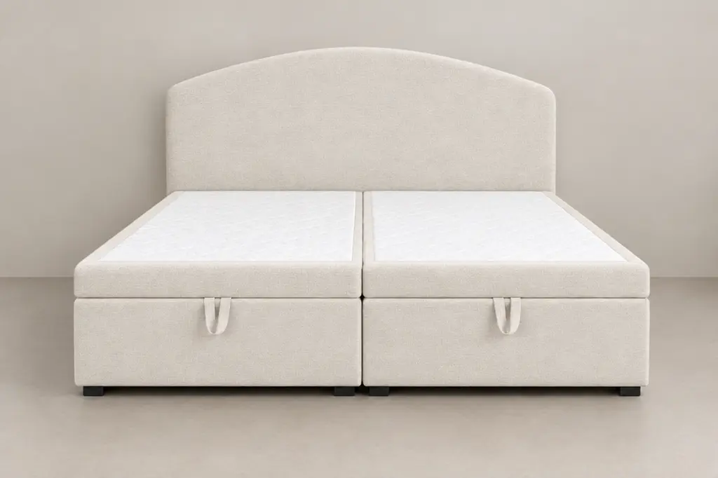 Boxspring 160 × 200 cm, hoofdbord gebogen, stof gebroken wit