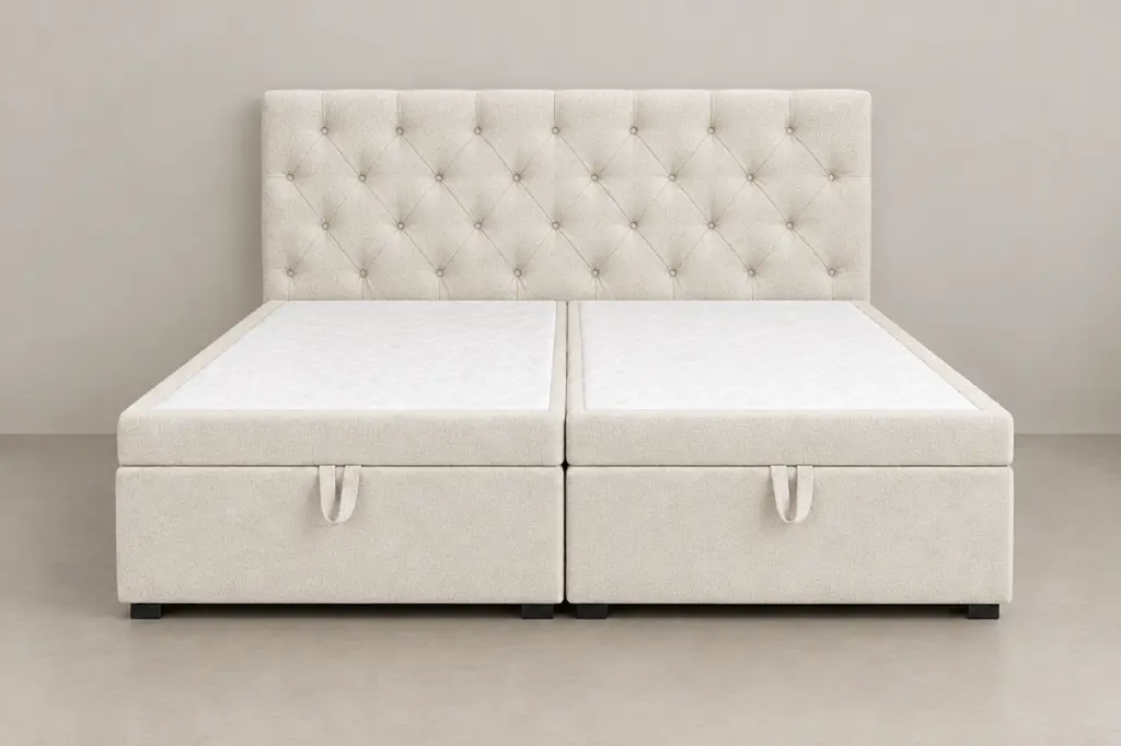 Boxspringbett mit Capitonné-Kopfteil in cremeweißem Stoff