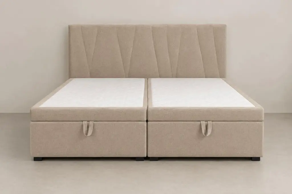 Boxspring 140 × 200 cm, hoofdbord diagonale naden, stof beige