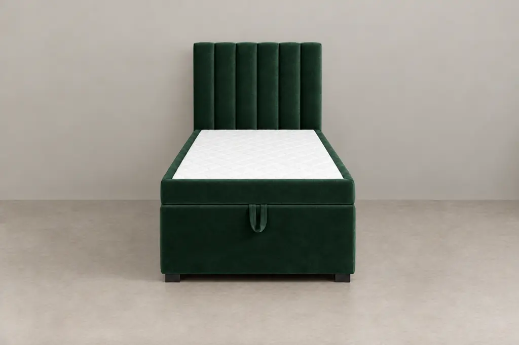 Boxspring 90 × 200 cm, hoofdbord verticale banen, stof flessengroen velours