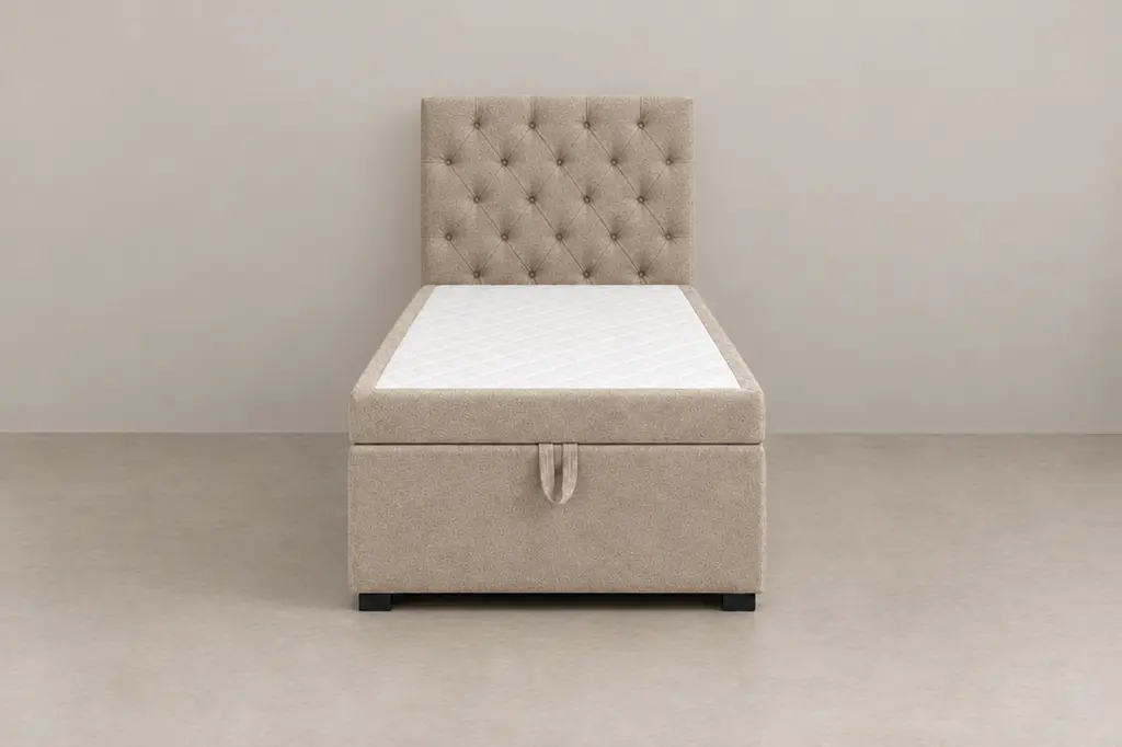 Boxspring 90 × 200 cm, hoofdbord capitonné, stof beige