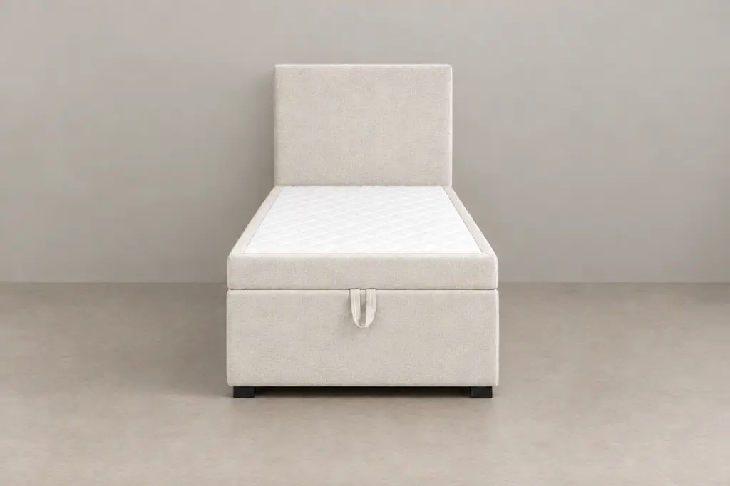 Boxspring 80 × 200 cm, hoofdbord strak, stof gebroken wit