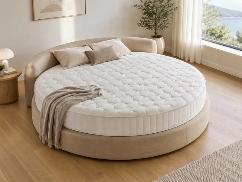 Runde Matratze nach Maß auf einem runden Bett in einem hellen Schlafzimmer