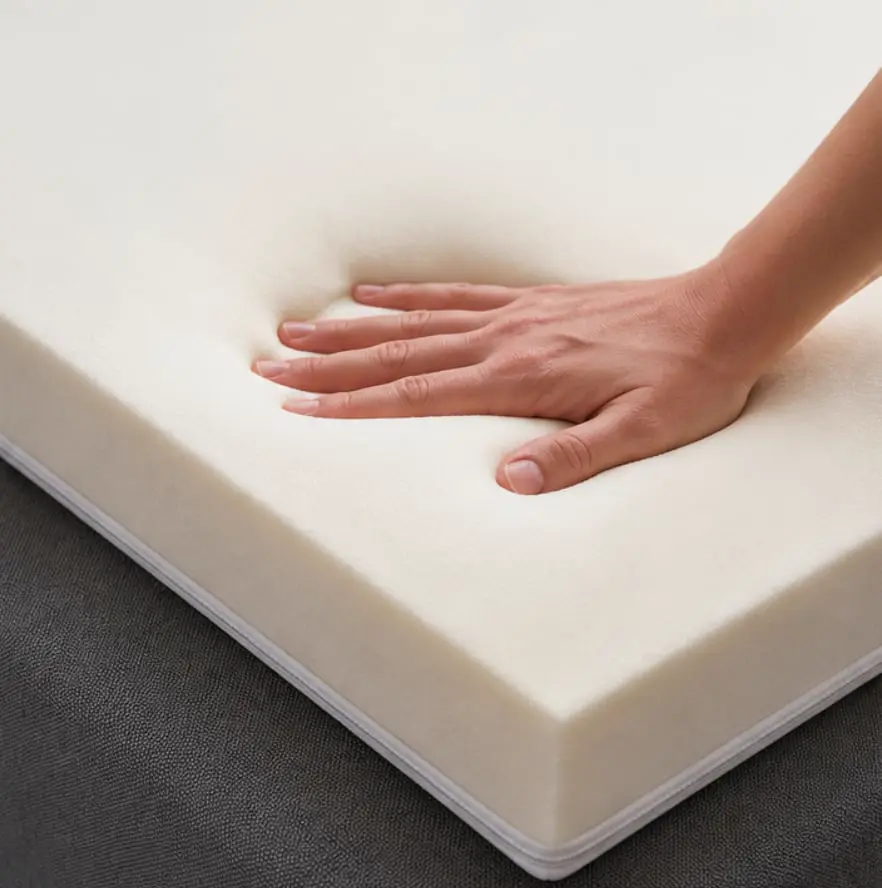 Hand drückt in einen Topper aus Memoryschaum